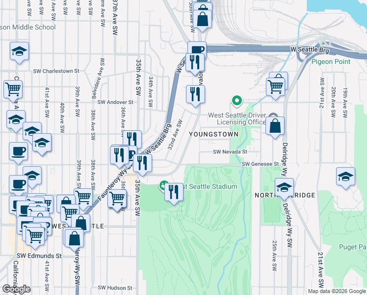 map of restaurants, bars, coffee shops, grocery stores, and more near 3014 Southwest Genesee Street in Seattle