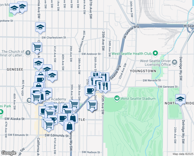 map of restaurants, bars, coffee shops, grocery stores, and more near 4200 36th Avenue Southwest in Seattle