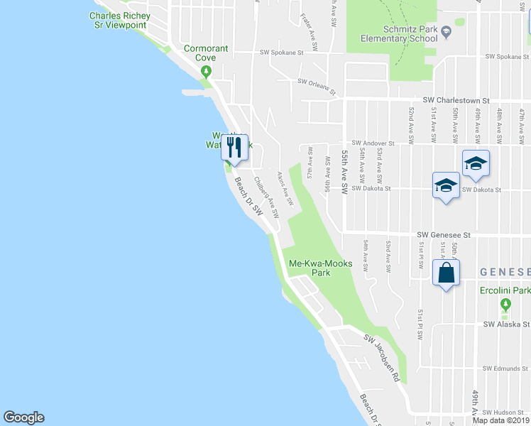 map of restaurants, bars, coffee shops, grocery stores, and more near 4233 Beach Drive Southwest in Seattle
