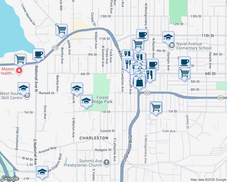 map of restaurants, bars, coffee shops, grocery stores, and more near 140 North Lafayette Avenue in Bremerton