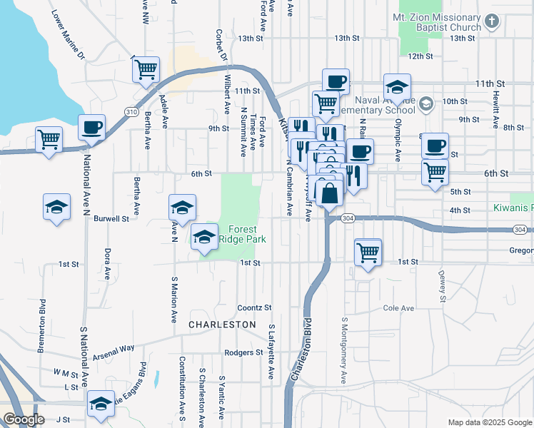 map of restaurants, bars, coffee shops, grocery stores, and more near 173 North Lafayette Avenue in Bremerton