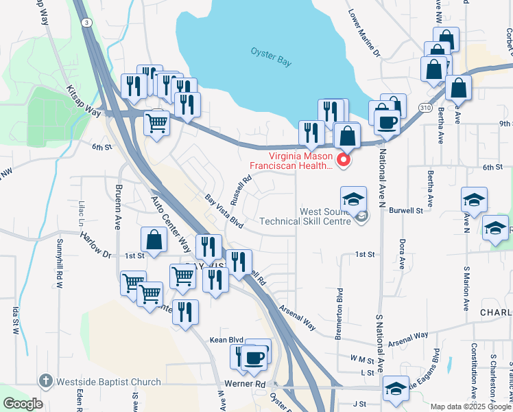 map of restaurants, bars, coffee shops, grocery stores, and more near 4520 Bay Vista Boulevard in Bremerton