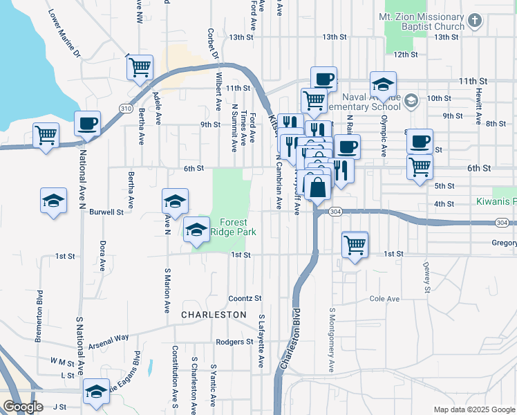 map of restaurants, bars, coffee shops, grocery stores, and more near 173 North Lafayette Avenue in Bremerton