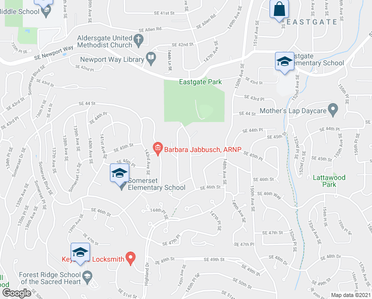 map of restaurants, bars, coffee shops, grocery stores, and more near 4514 145th Avenue Southeast in Bellevue