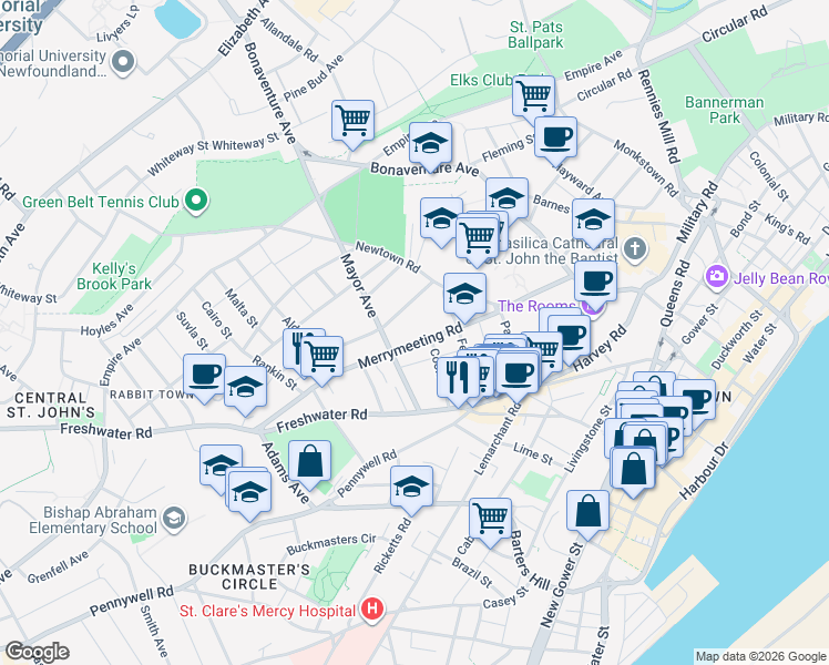map of restaurants, bars, coffee shops, grocery stores, and more near in St. John's