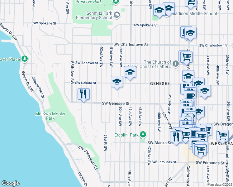 map of restaurants, bars, coffee shops, grocery stores, and more near 5012 Southwest Genesee Street in Seattle