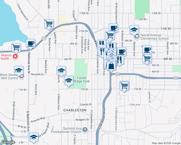 map of restaurants, bars, coffee shops, grocery stores, and more near 303 North Lafayette Avenue in Bremerton