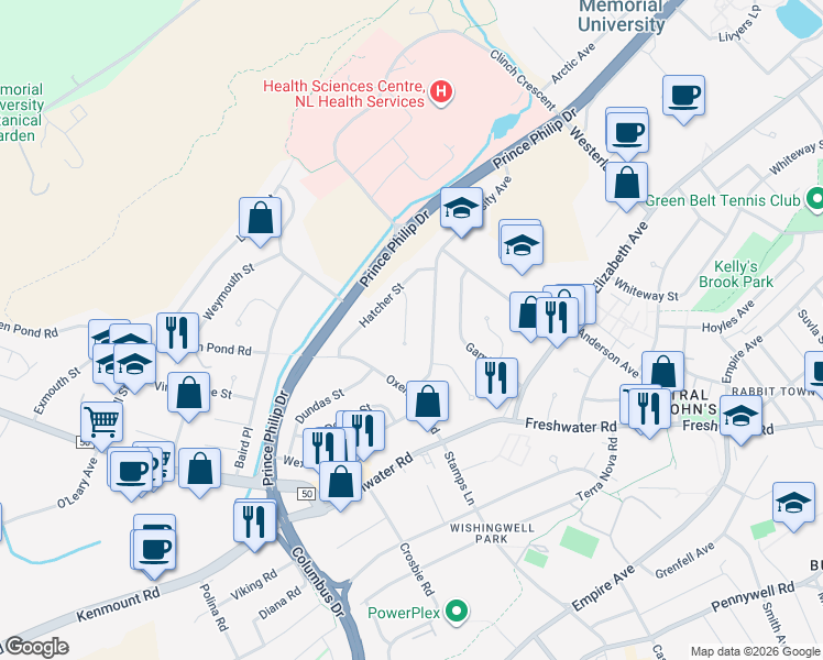map of restaurants, bars, coffee shops, grocery stores, and more near 8 Burke Place in St. John's