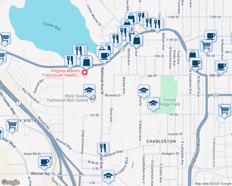 map of restaurants, bars, coffee shops, grocery stores, and more near 306 Dora Avenue in Bremerton