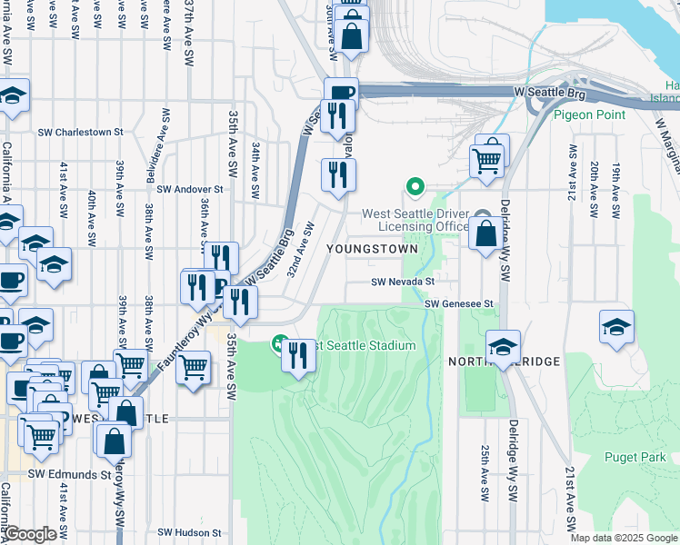 map of restaurants, bars, coffee shops, grocery stores, and more near 3014 Southwest Genesee Street in Seattle