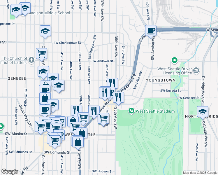 map of restaurants, bars, coffee shops, grocery stores, and more near 4200 36th Avenue Southwest in Seattle