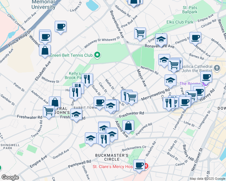 map of restaurants, bars, coffee shops, grocery stores, and more near 78 Goodridge Street in Saint John's