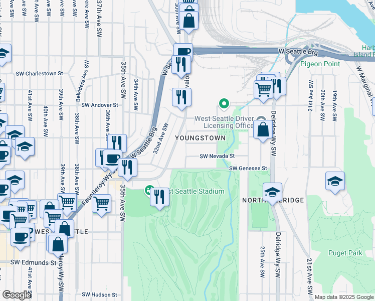 map of restaurants, bars, coffee shops, grocery stores, and more near 4216 30th Avenue Southwest in Seattle