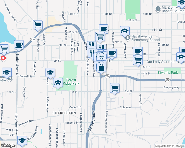 map of restaurants, bars, coffee shops, grocery stores, and more near 305 North Wycoff Avenue in Bremerton