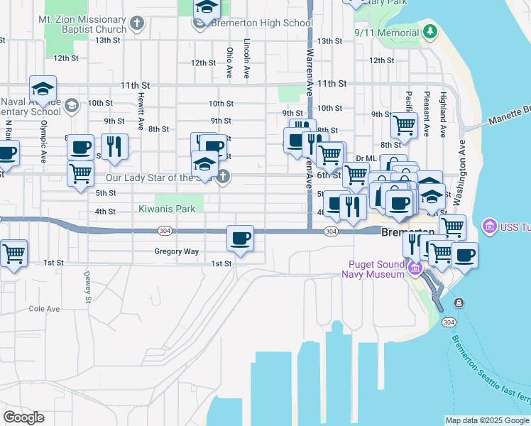 map of restaurants, bars, coffee shops, grocery stores, and more near Chester Ave & 4th St in Bremerton