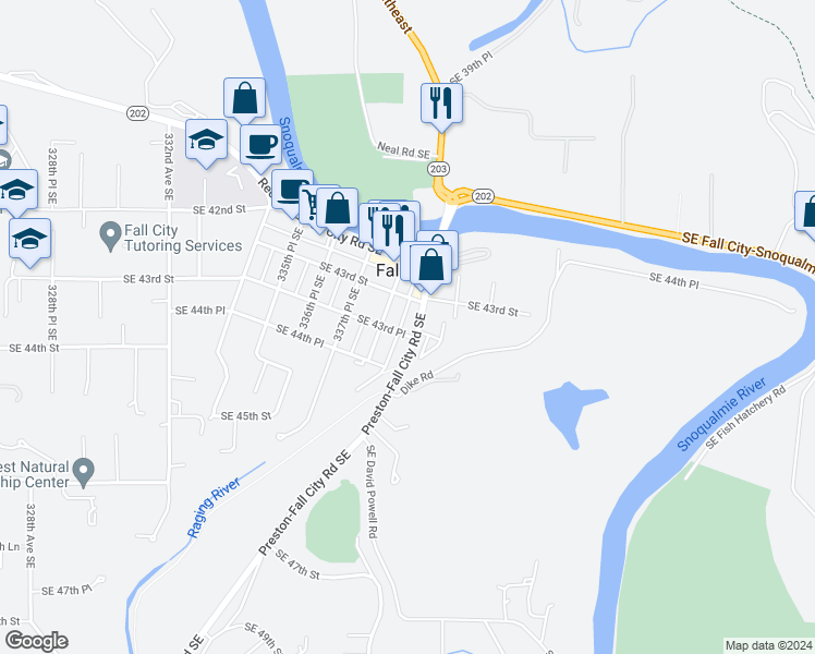 map of restaurants, bars, coffee shops, grocery stores, and more near 4225 Preston-Fall City Road Southeast in Fall City