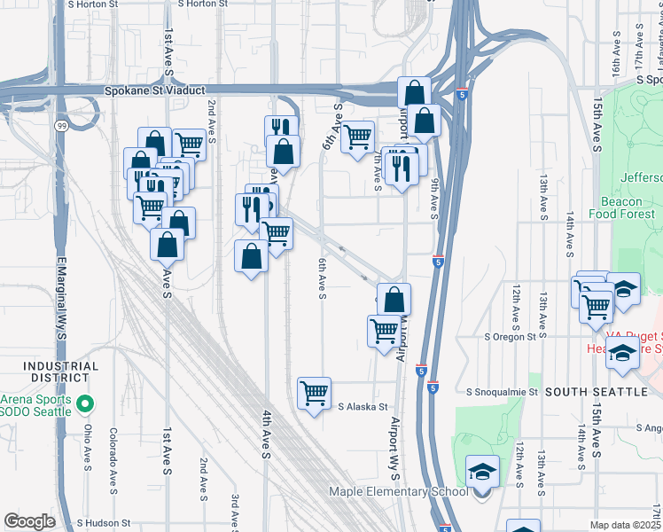 map of restaurants, bars, coffee shops, grocery stores, and more near 548-558 South Industrial Way in Seattle
