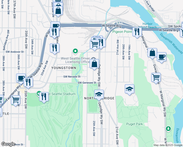 map of restaurants, bars, coffee shops, grocery stores, and more near 4100 25th Avenue Southwest in Seattle