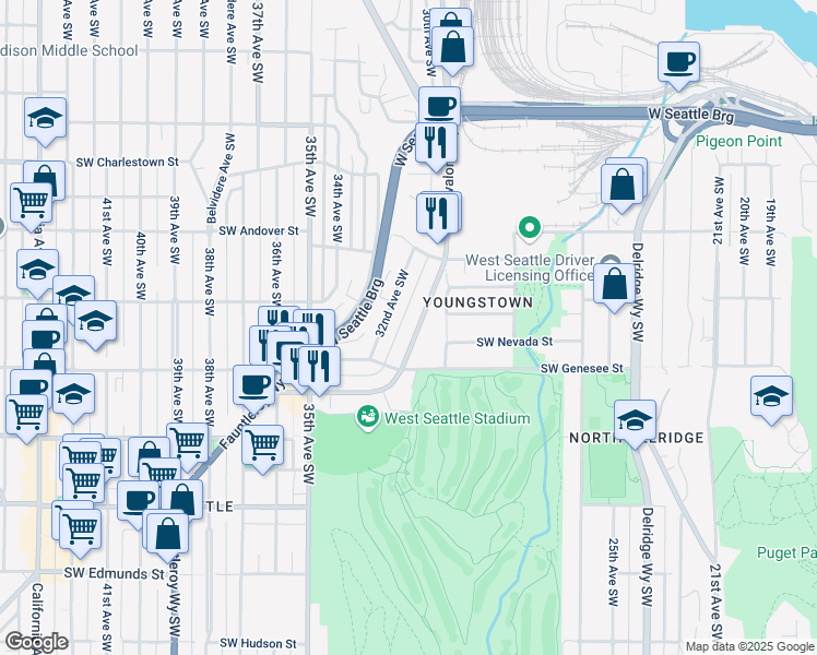 map of restaurants, bars, coffee shops, grocery stores, and more near 4055 32nd Avenue Southwest in Seattle