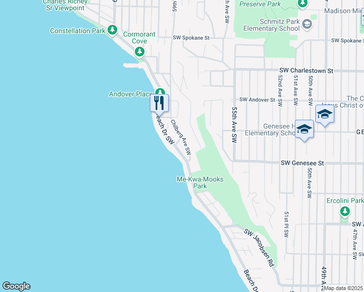 map of restaurants, bars, coffee shops, grocery stores, and more near 4126 58th Place Southwest in Seattle