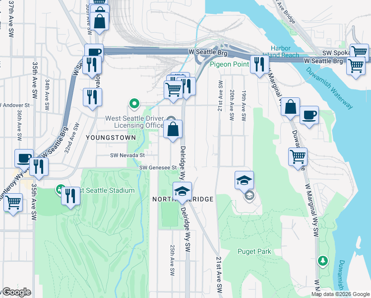 map of restaurants, bars, coffee shops, grocery stores, and more near 4118 Delridge Way Southwest in Seattle