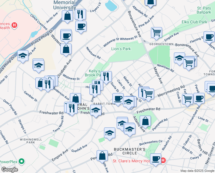 map of restaurants, bars, coffee shops, grocery stores, and more near 209 Empire Avenue in St. John's
