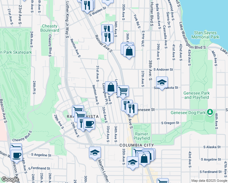 map of restaurants, bars, coffee shops, grocery stores, and more near 4087 Letitia Avenue South in Seattle