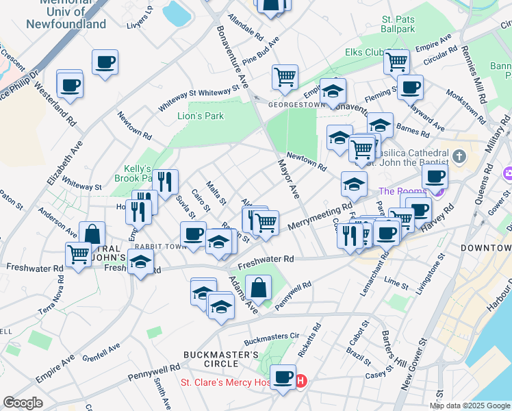 map of restaurants, bars, coffee shops, grocery stores, and more near 34 Aldershot Street in St. John's