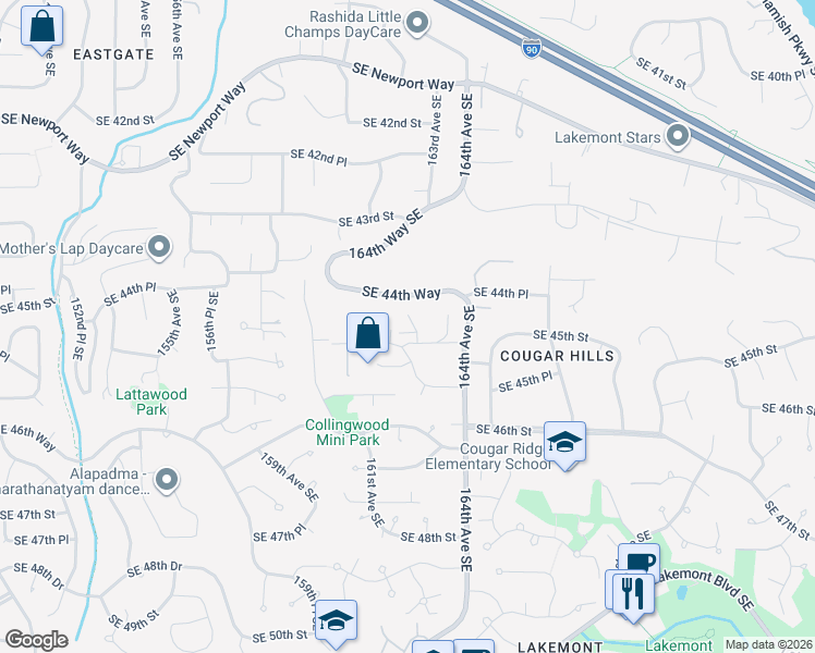 map of restaurants, bars, coffee shops, grocery stores, and more near 4479 162nd Court Southeast in Bellevue
