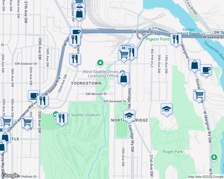 map of restaurants, bars, coffee shops, grocery stores, and more near 2609 Southwest Adams Street in Seattle