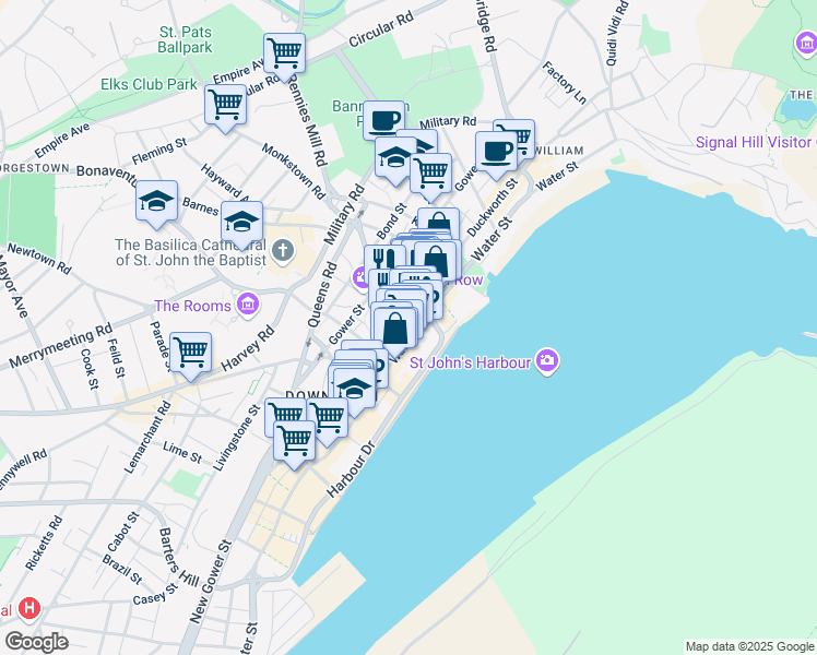 map of restaurants, bars, coffee shops, grocery stores, and more near 152 Water Street in St. John's
