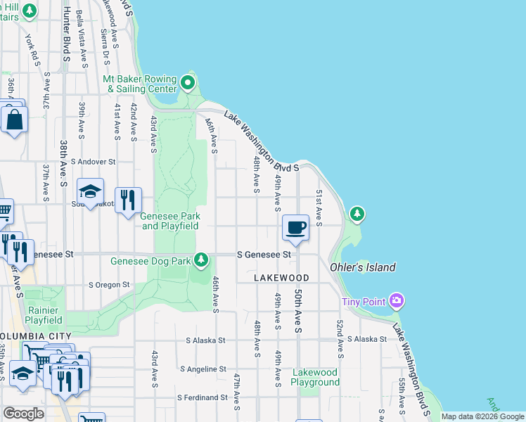map of restaurants, bars, coffee shops, grocery stores, and more near 4031 49th Avenue South in Seattle