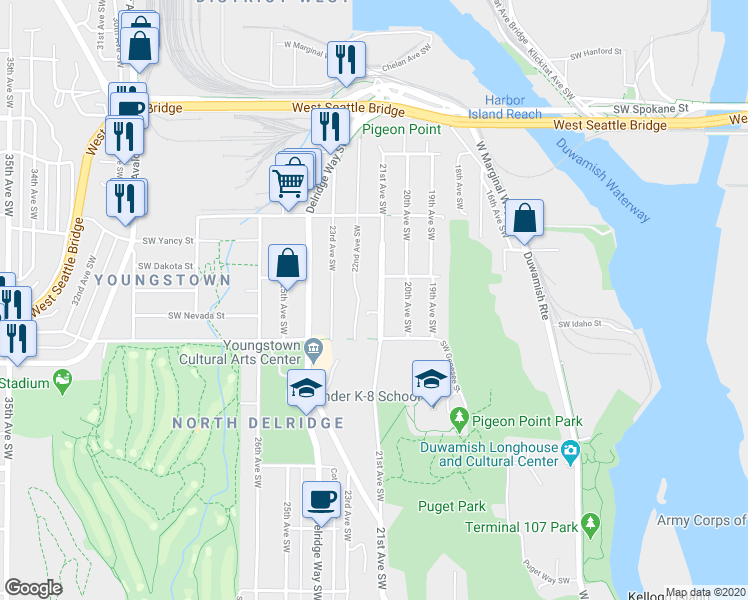 map of restaurants, bars, coffee shops, grocery stores, and more near 4058 22nd Avenue Southwest in Seattle