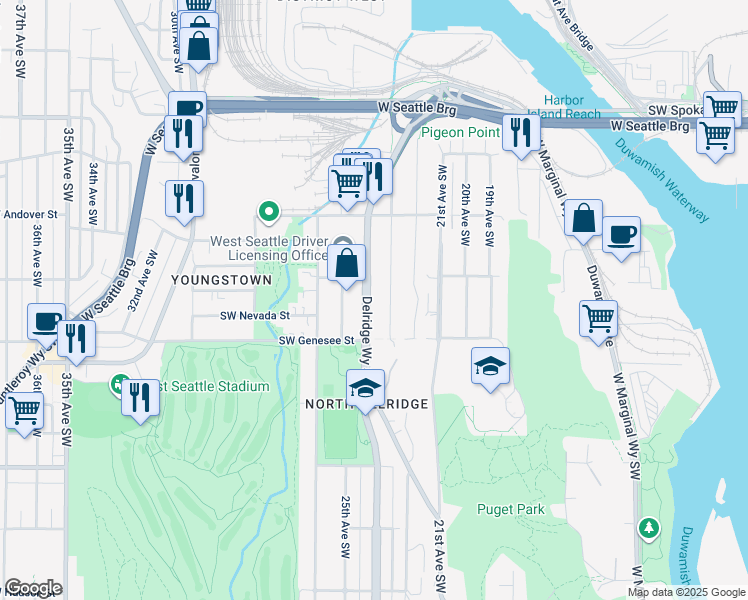map of restaurants, bars, coffee shops, grocery stores, and more near 4057 23rd Avenue Southwest in Seattle
