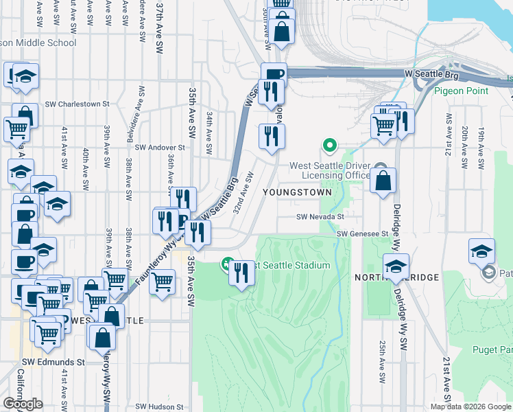 map of restaurants, bars, coffee shops, grocery stores, and more near 3040 Southwest Avalon Way in Seattle