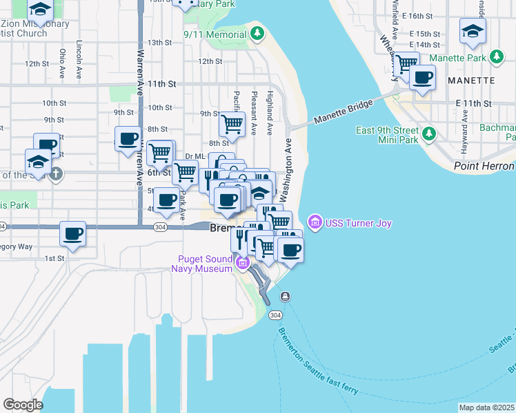map of restaurants, bars, coffee shops, grocery stores, and more near 236 5th Street in Bremerton