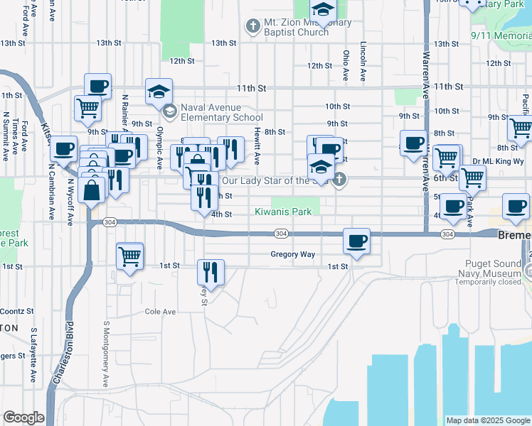 map of restaurants, bars, coffee shops, grocery stores, and more near 1741 5th Street in Bremerton