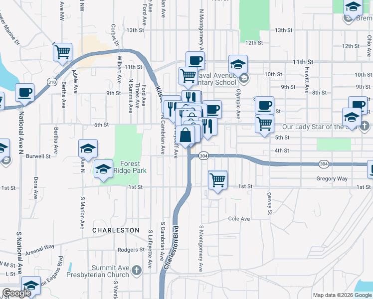 map of restaurants, bars, coffee shops, grocery stores, and more near 325 North Callow Avenue in Bremerton