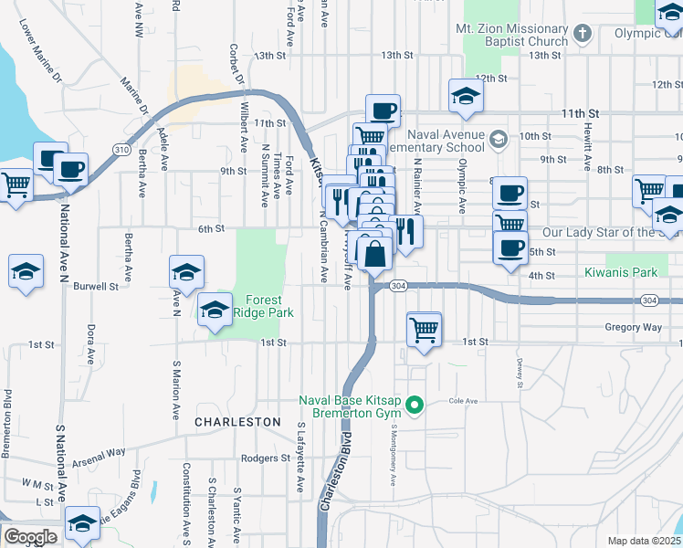 map of restaurants, bars, coffee shops, grocery stores, and more near 324 North Cambrian Avenue in Bremerton