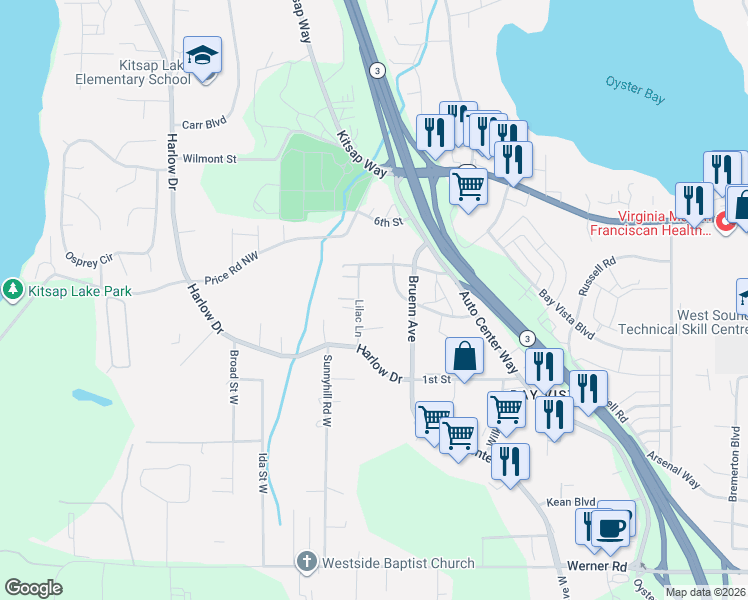 map of restaurants, bars, coffee shops, grocery stores, and more near 146 Lilac Lane in Bremerton