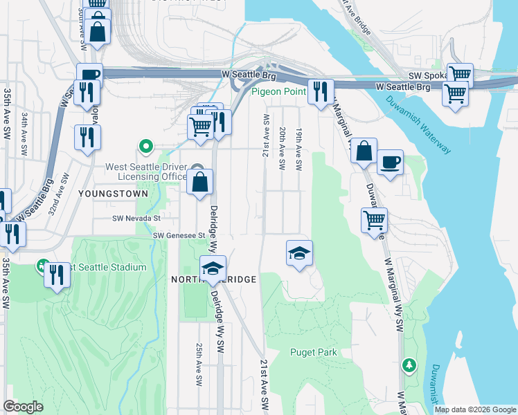map of restaurants, bars, coffee shops, grocery stores, and more near 4058 22nd Avenue Southwest in Seattle