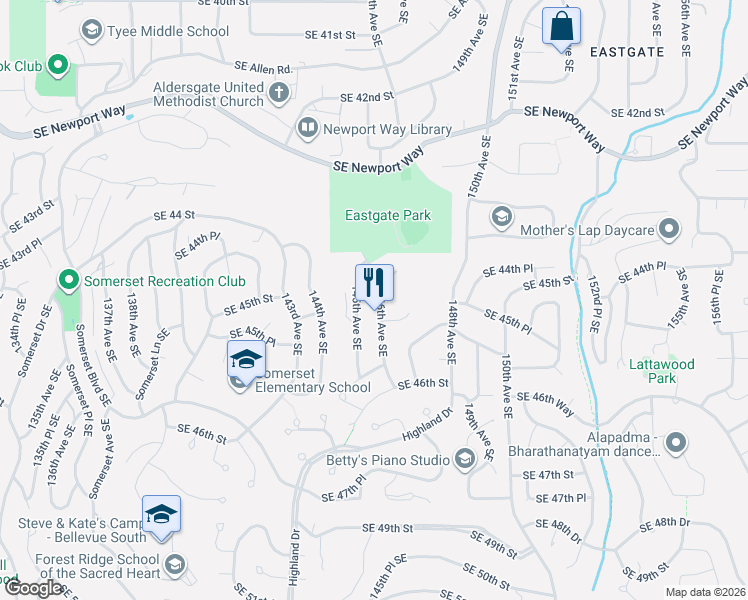 map of restaurants, bars, coffee shops, grocery stores, and more near 4420 145th Avenue Southeast in Bellevue