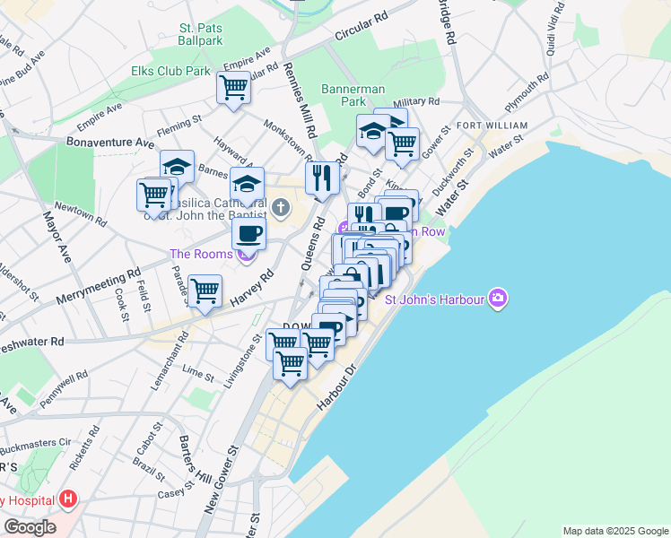 map of restaurants, bars, coffee shops, grocery stores, and more near 185 Gower Street in St. John's