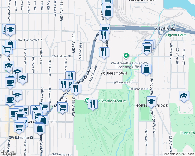 map of restaurants, bars, coffee shops, grocery stores, and more near 3040 Southwest Avalon Way in Seattle