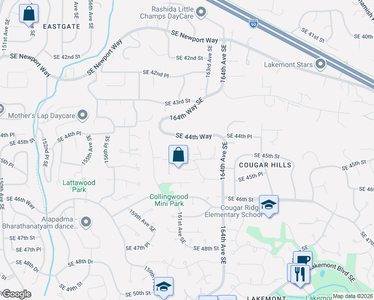 map of restaurants, bars, coffee shops, grocery stores, and more near 16068 Southeast 44th Court in Bellevue