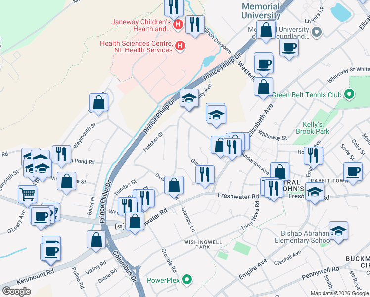 map of restaurants, bars, coffee shops, grocery stores, and more near 37 Gambier Street in St. John's
