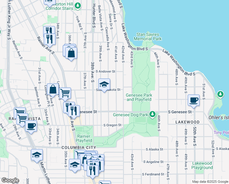 map of restaurants, bars, coffee shops, grocery stores, and more near 4050 41st Avenue South in Seattle