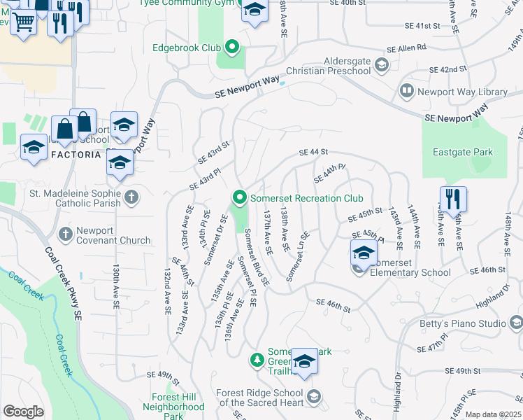 map of restaurants, bars, coffee shops, grocery stores, and more near 4422 Somerset Boulevard Southeast in Bellevue