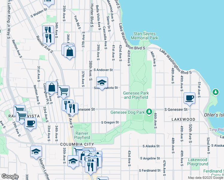 map of restaurants, bars, coffee shops, grocery stores, and more near 4050 41st Avenue South in Seattle