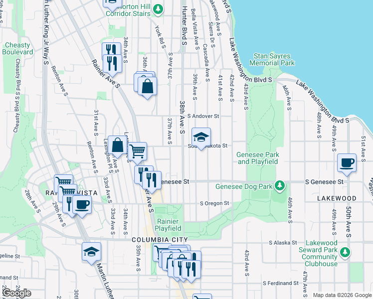 map of restaurants, bars, coffee shops, grocery stores, and more near 4050 38th Avenue South in Seattle